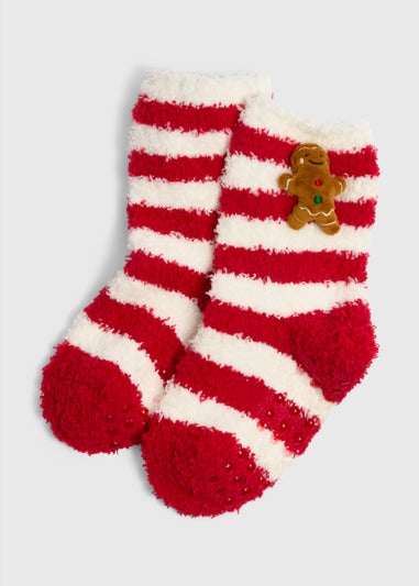 Girls Red Stripe Gingerbread Fluffy Socks (Younger 6-Older 6.5)