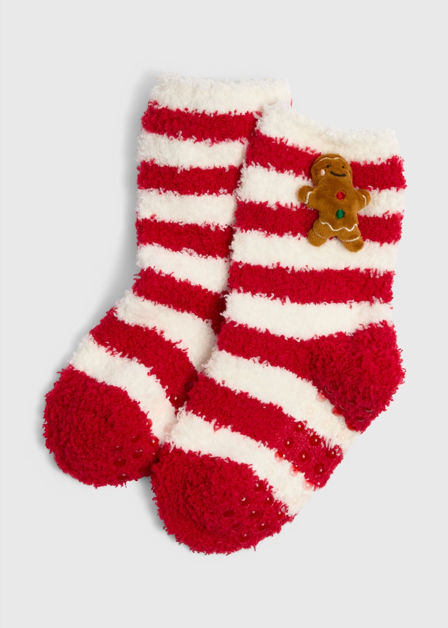 Girls Red Stripe Gingerbread Fluffy Socks (Younger 6-Older 6.5)