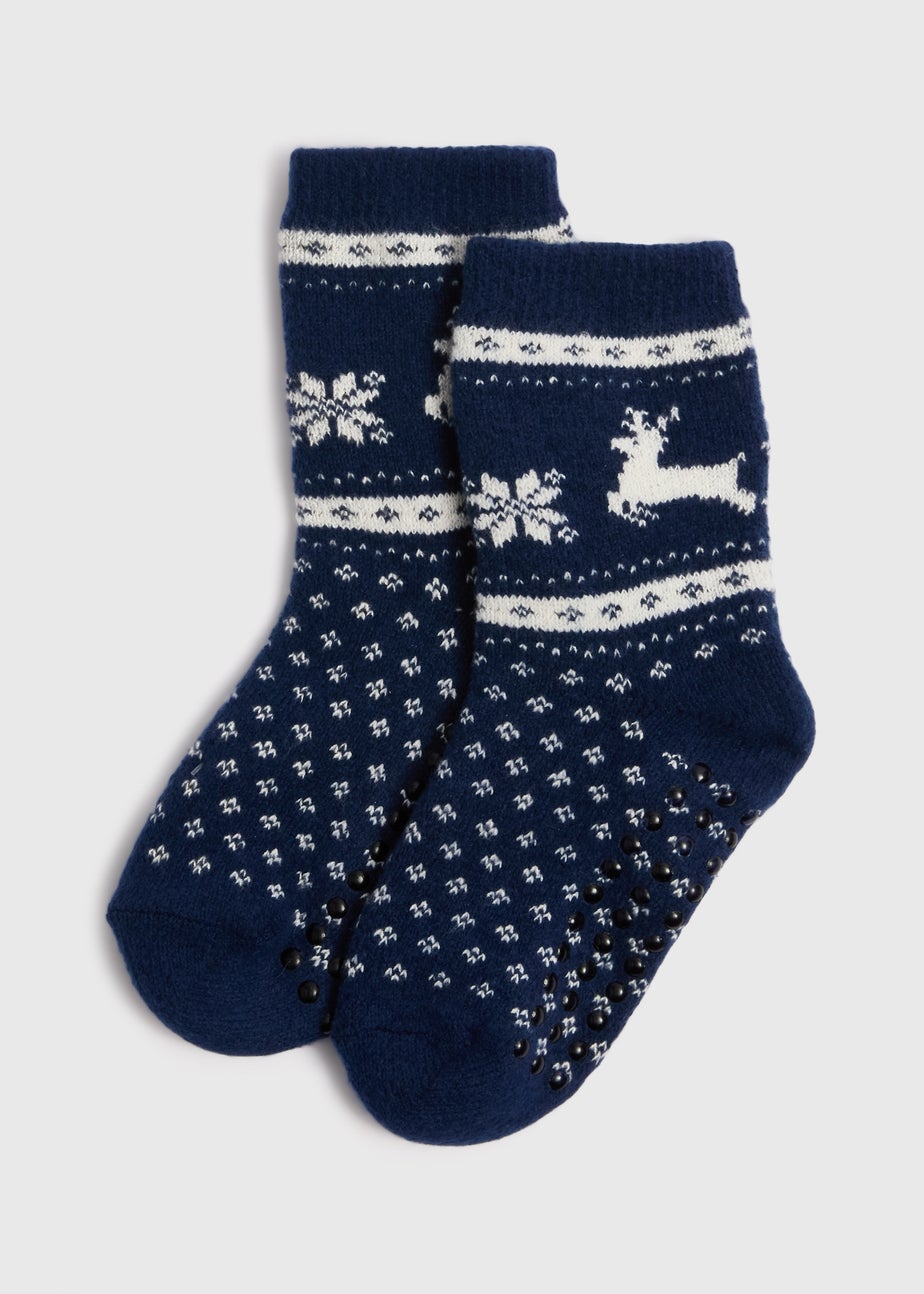 Boys Navy Fairisle Fluffy Socks (Younger 6-Older 6.5)