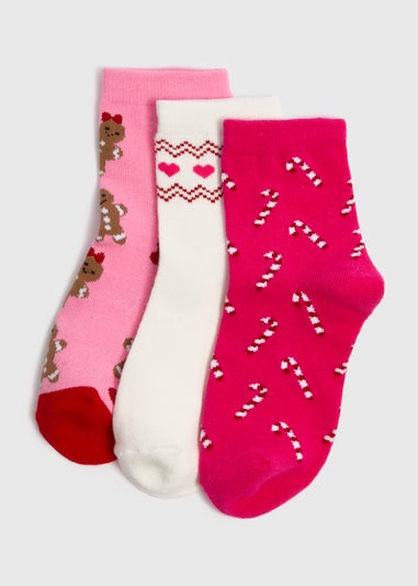 3 Pack Girls Pink Christmas Socks (Younger 6-Older 6.5)
