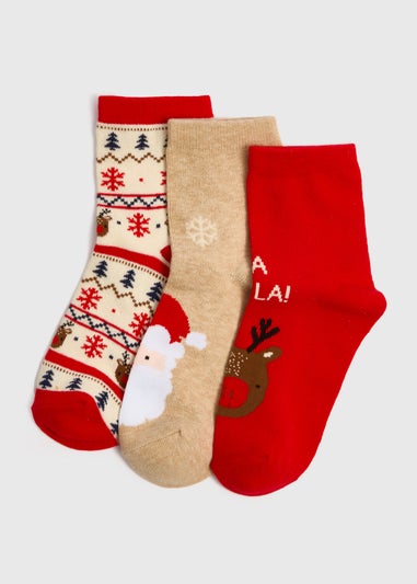3 Pack Kids Red Christmas Socks (Younger 6-Older 6.5)