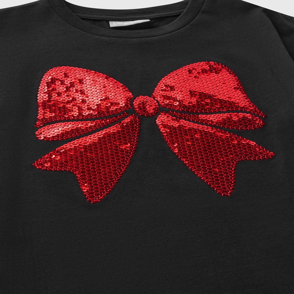 Girls Black Sequin Bow T-Shirt (7-15yrs)