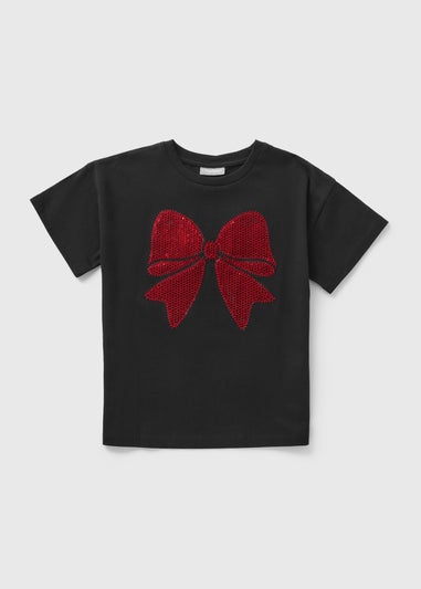 Girls Black Sequin Bow T-Shirt (7-15yrs)