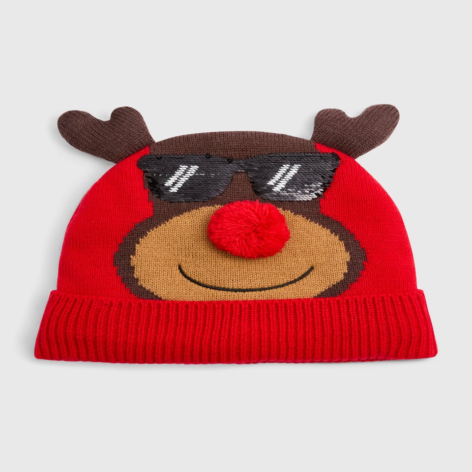 Kids Red Reindeer Christmas Beanie (3-13yrs)