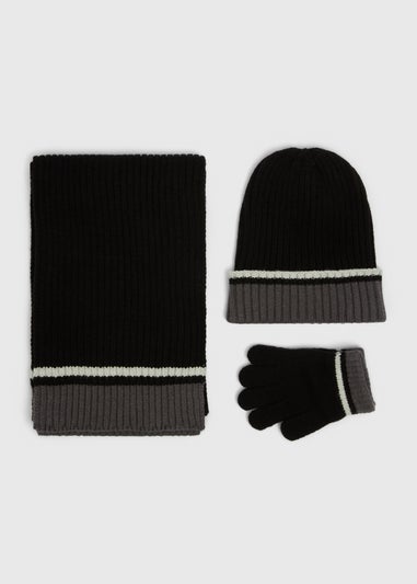 3 Piece Boys Black Hat, Scarf & Glove Set (3-13yrs)