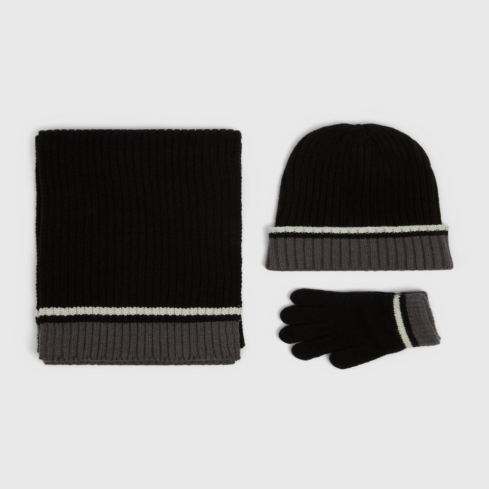 3 Piece Boys Black Hat, Scarf & Glove Set (3-13yrs)