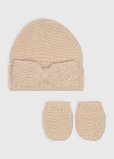2 Piece Baby Pink Bow Hat & Mitten Set (Newborn-24mths)