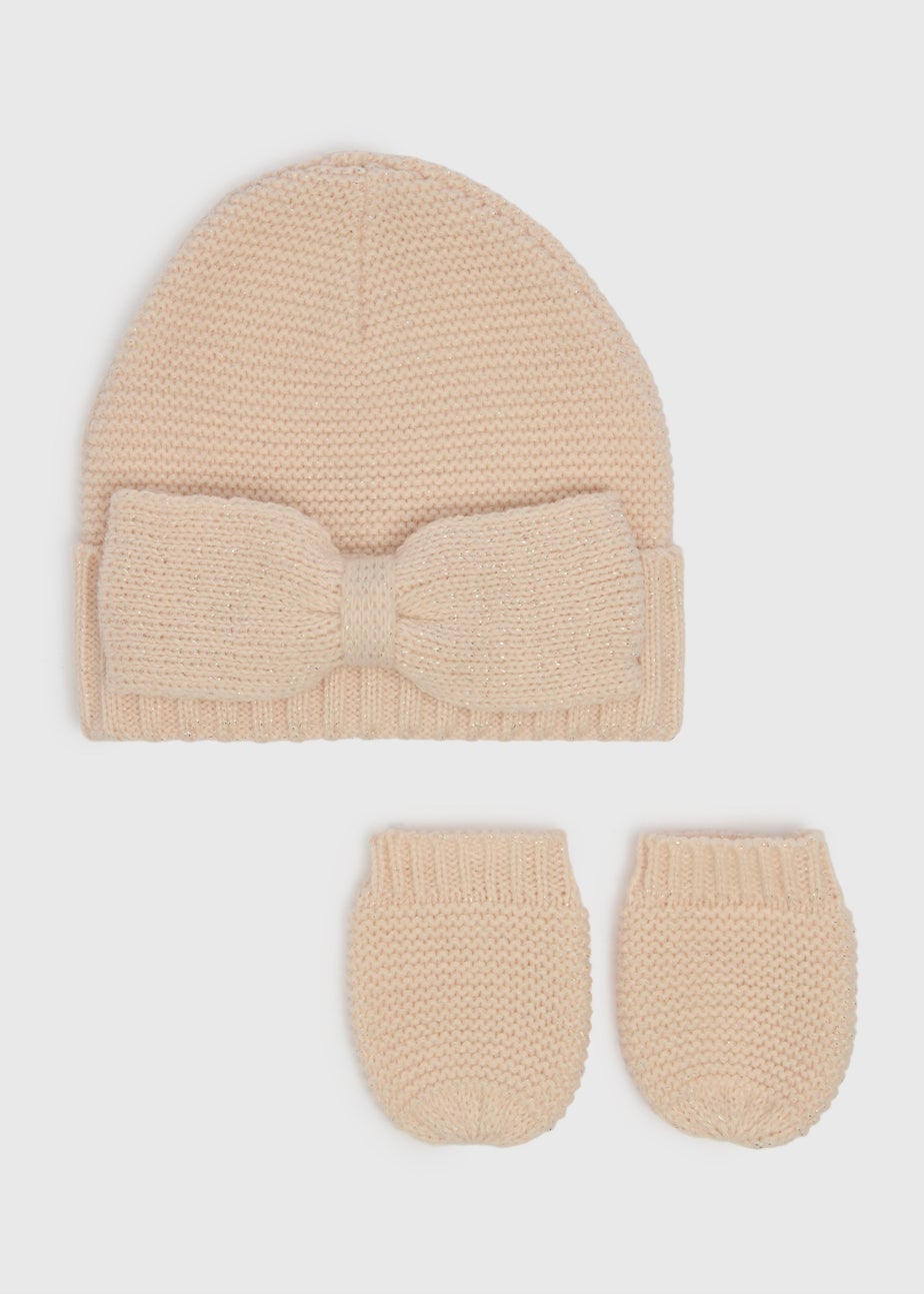 2 Piece Baby Pink Bow Hat & Mitten Set (Newborn-24mths)