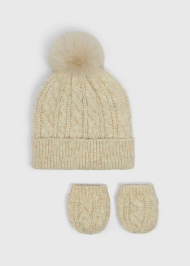 2 Piece Baby Oatmeal Cable Hat & Mitten Set (Newborn-24mths)