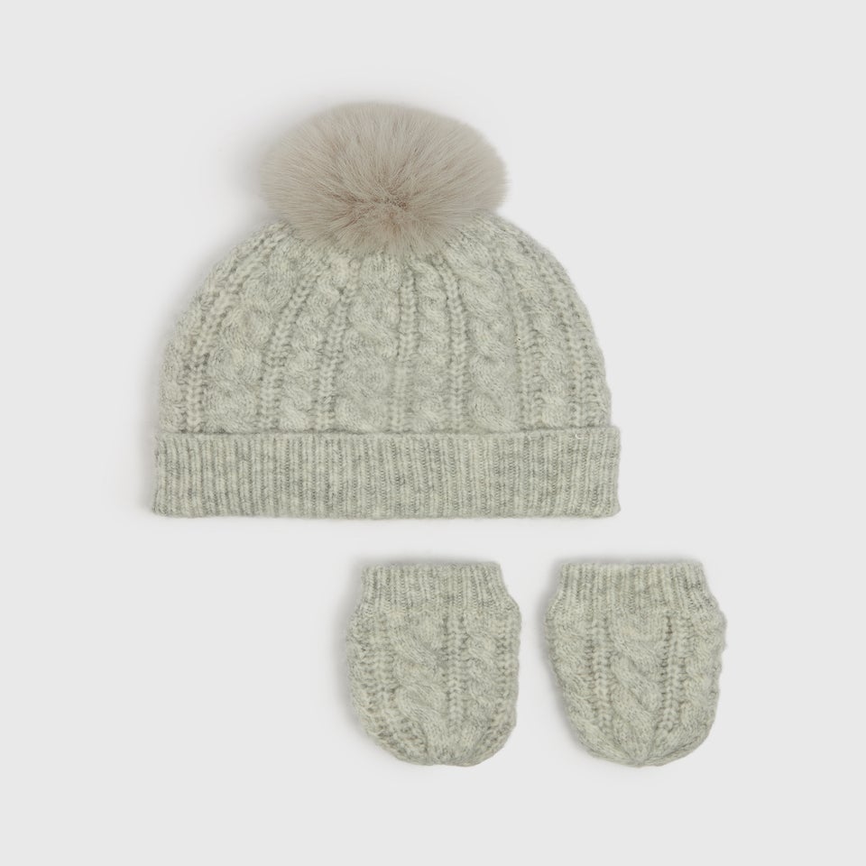2 Piece Baby Grey Cable Hat & Mitten Set (Newborn-24mths)