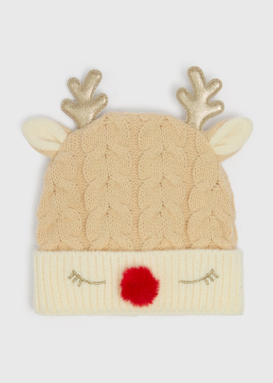 Kids Beige Reindeer Novelty Beanie (3-13yrs)