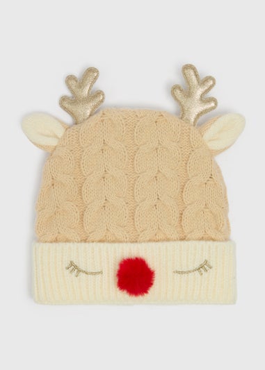 Kids Beige Reindeer Novelty Beanie (3-13yrs)
