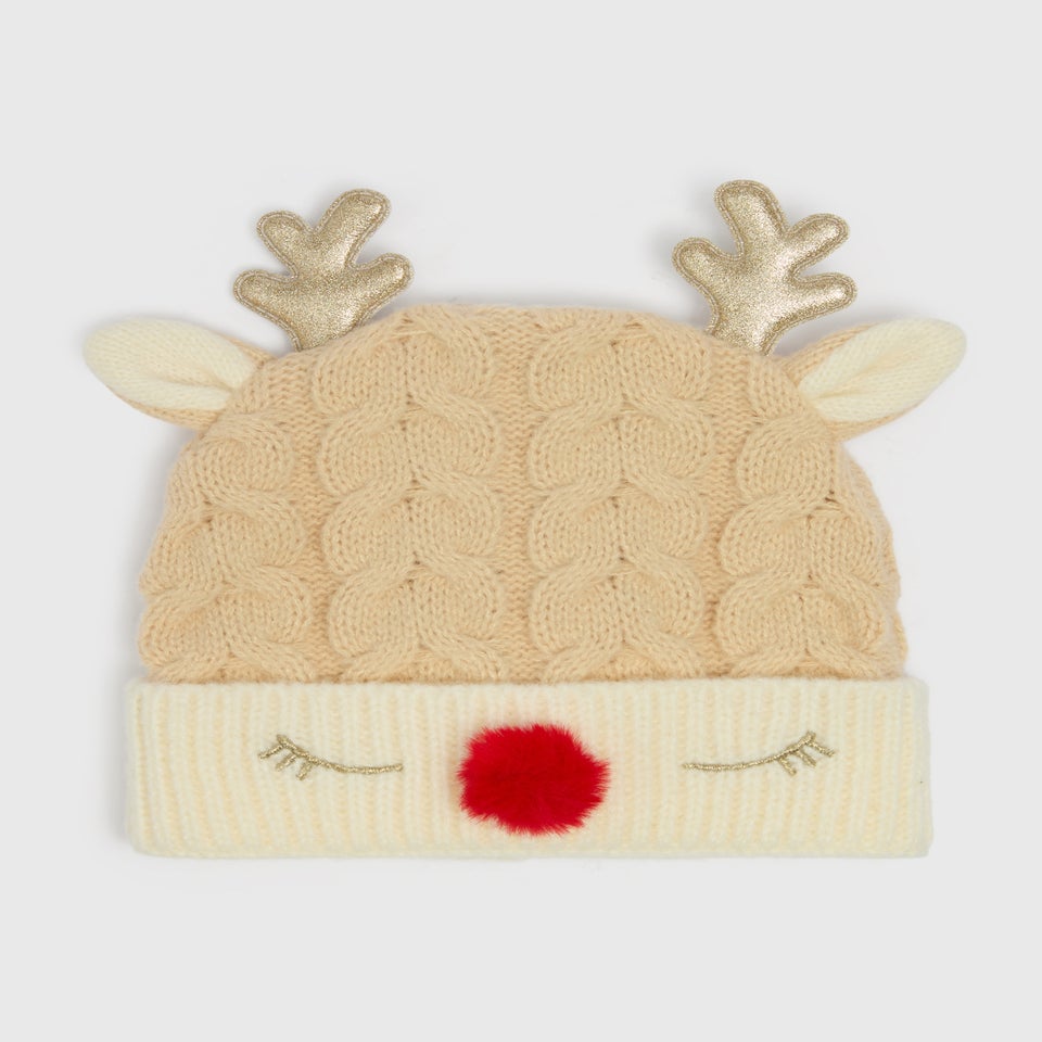Kids Beige Reindeer Novelty Beanie (3-13yrs)