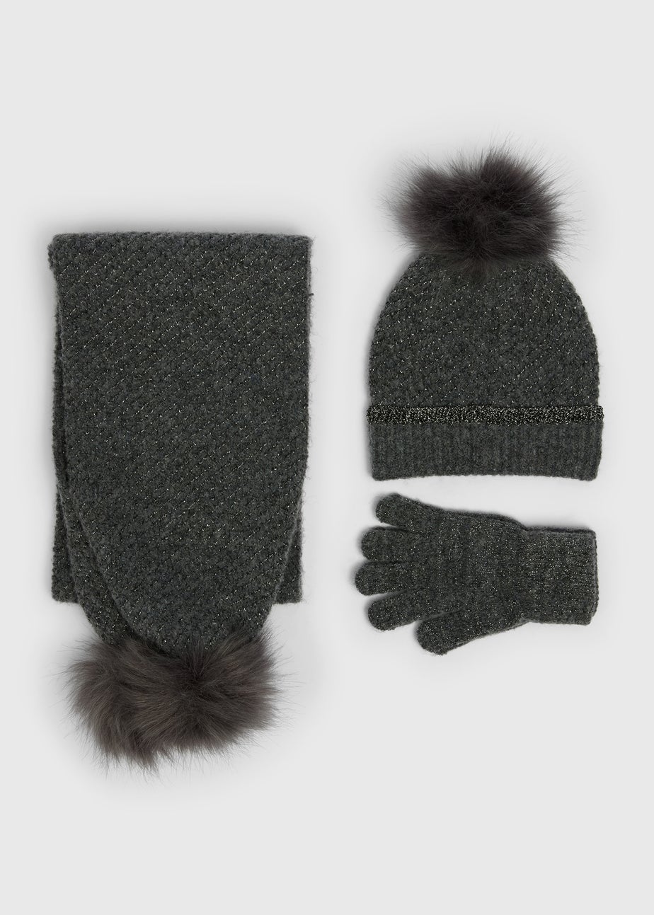 3 Piece Girls Charcoal Sparkle Hat Set (3-13yrs)