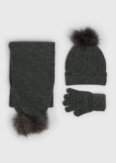3 Piece Girls Charcoal Sparkle Hat Set (3-13yrs)