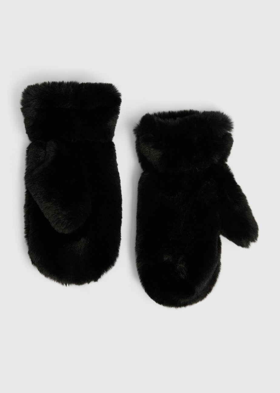Kids Black Faux Fur Mittens (3-13yrs)