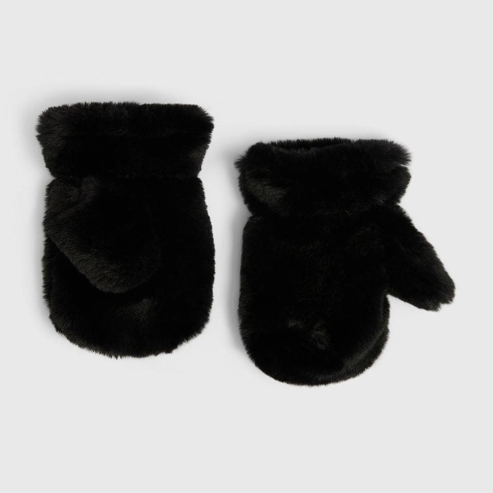 Kids Black Faux Fur Mittens (3-13yrs)