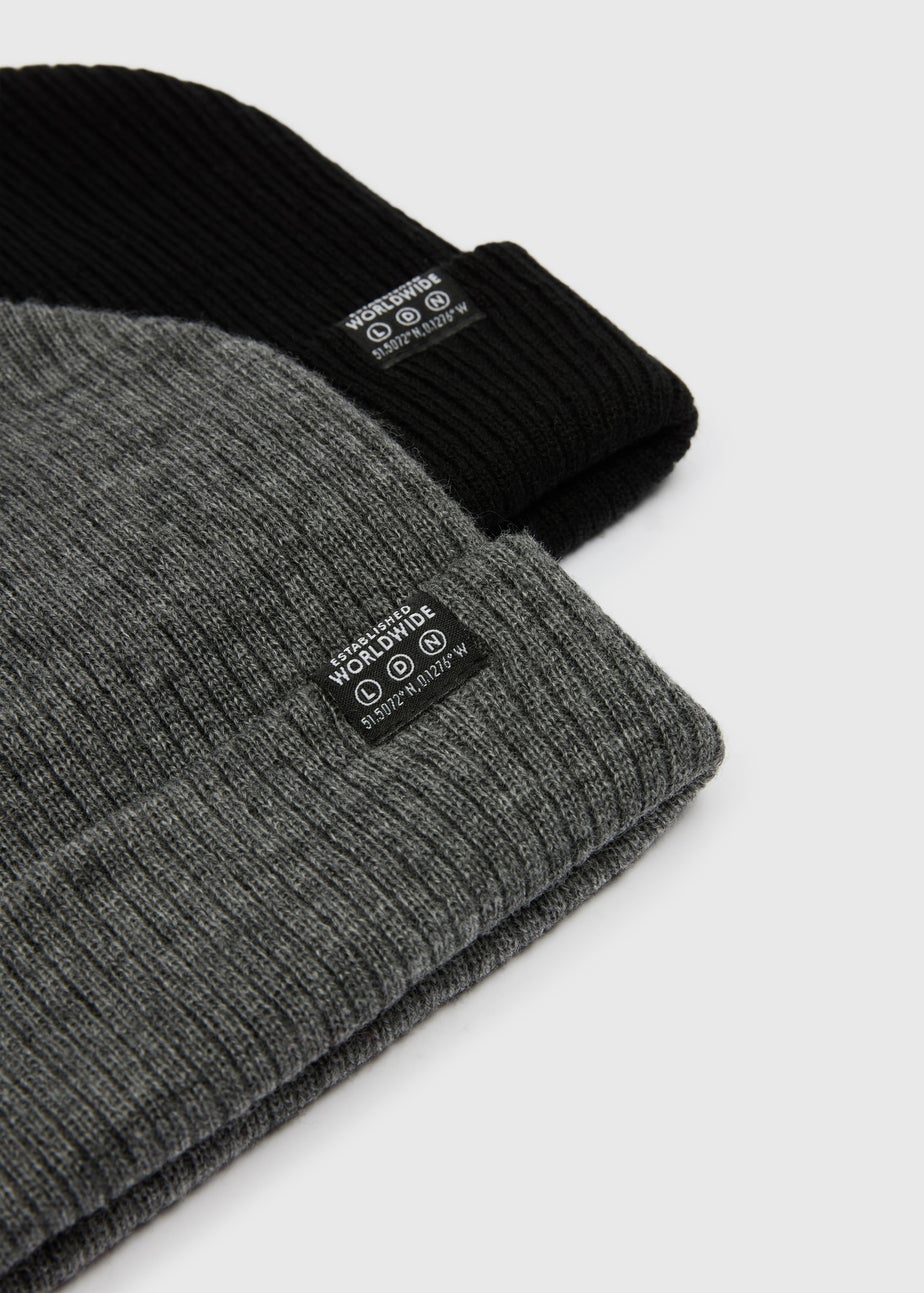 2 Pack Boys Black & Grey Beanie Set (3-13yrs)