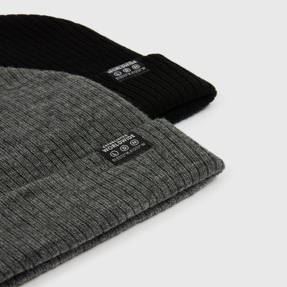 2 Pack Boys Black & Grey Beanie Set (3-13yrs)