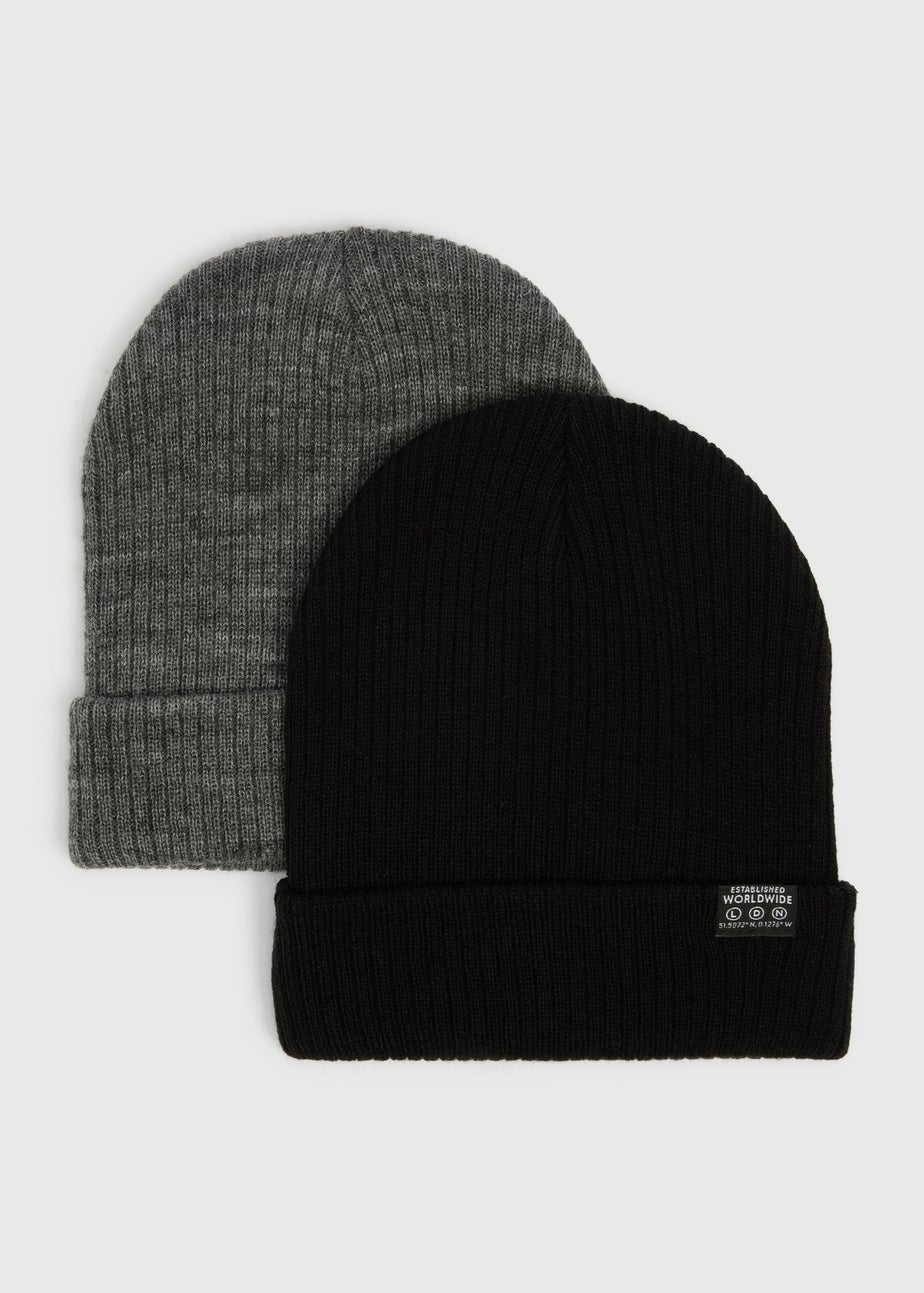 2 Pack Boys Black & Grey Beanie Set (3-13yrs)