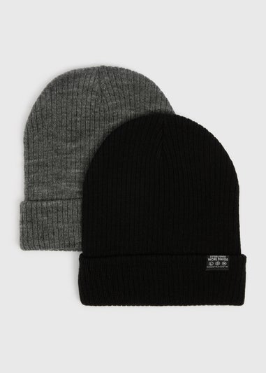 2 Pack Boys Black & Grey Beanie Set (3-13yrs)