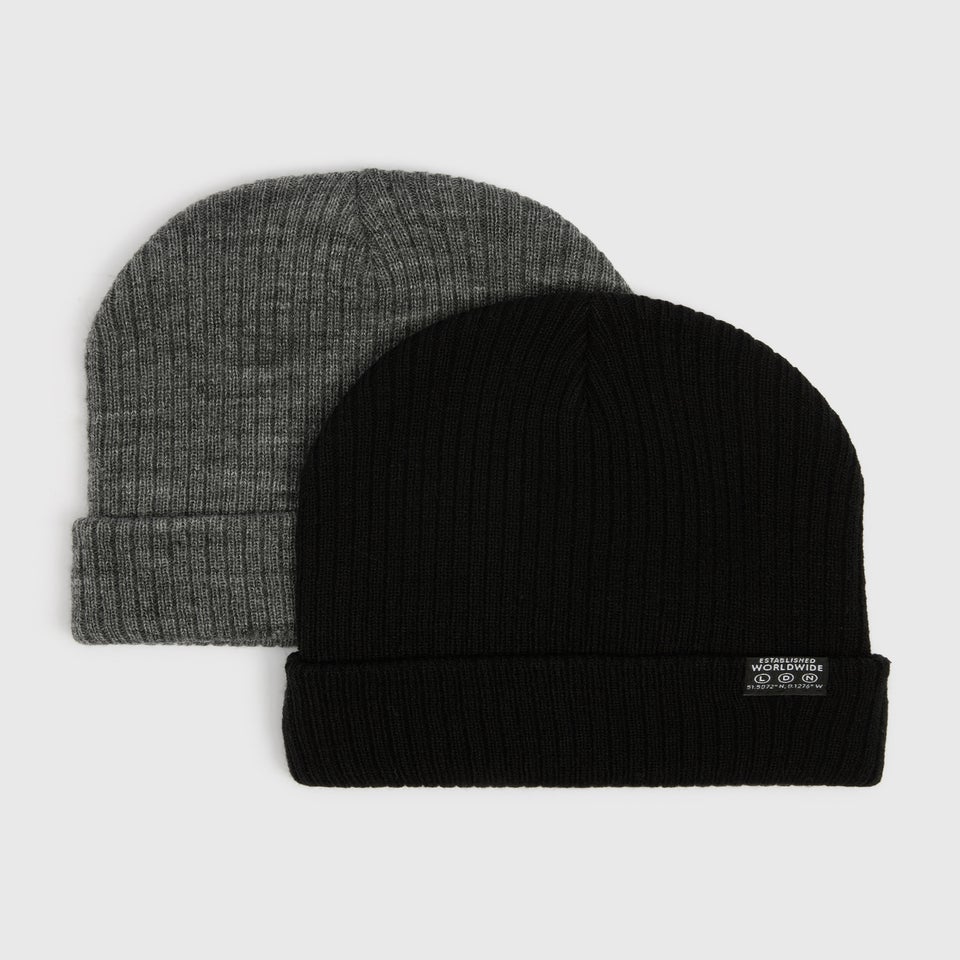 2 Pack Boys Black & Grey Beanie Set (3-13yrs)