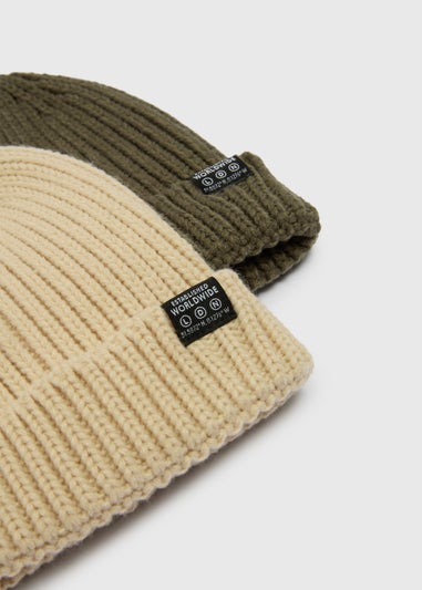 2 Pack Boys Khaki & Beige Beanie Set (3-13yrs)