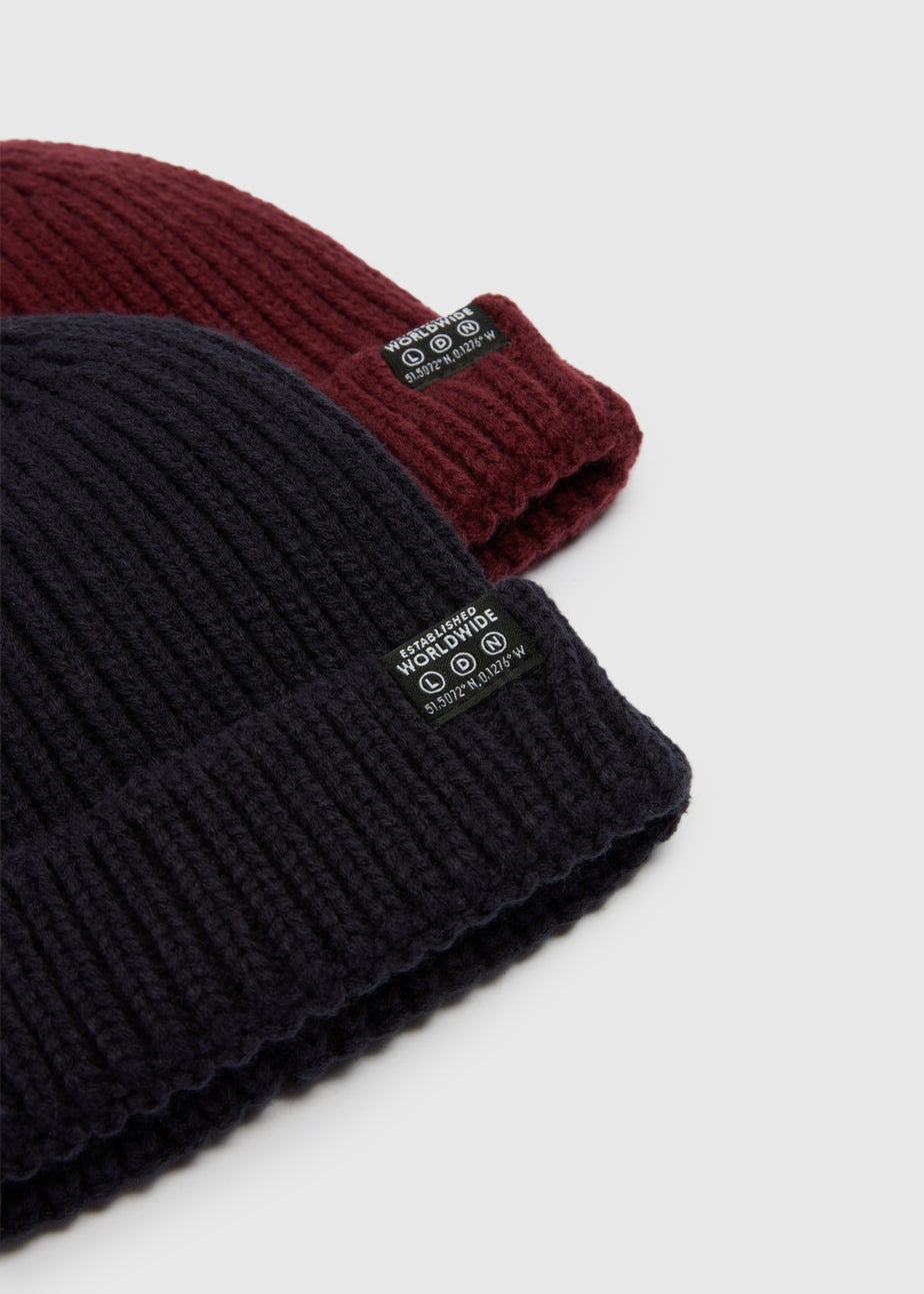 2 Pack Boys Burgundy & Navy Beanie Set (3-13yrs)