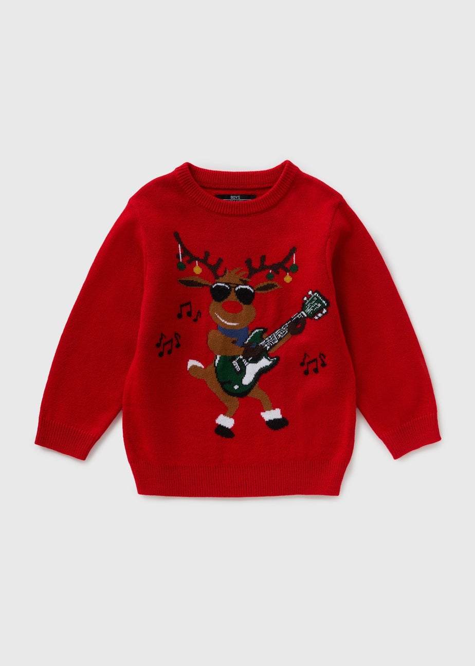 Boys Red Musical Reindeer Knit Jumper (1-7yrs)