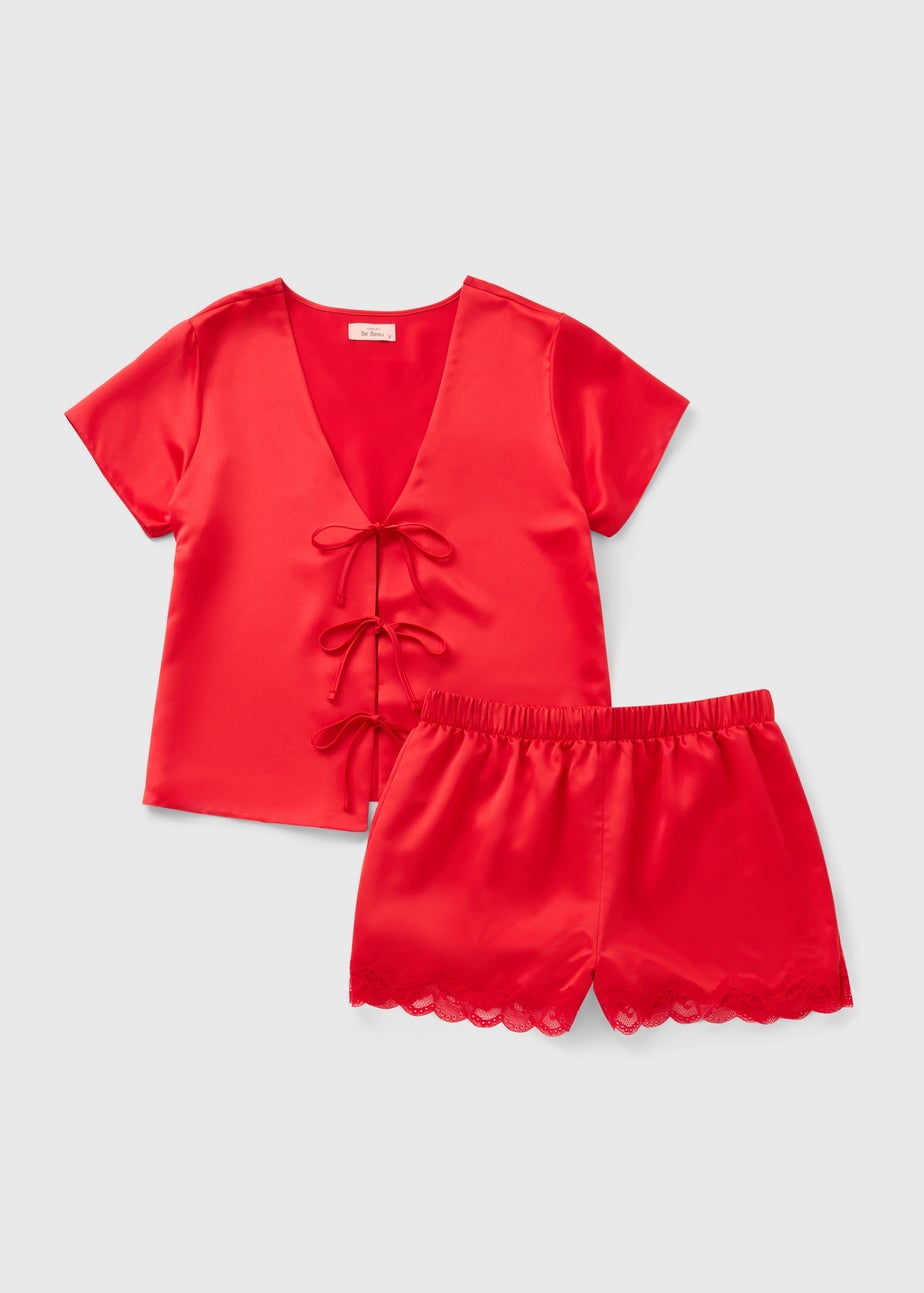 Red Tie Front Satin Shorts Pyjama Set