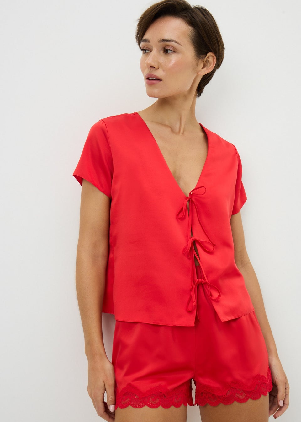 Red Tie Front Satin Shorts Pyjama Set