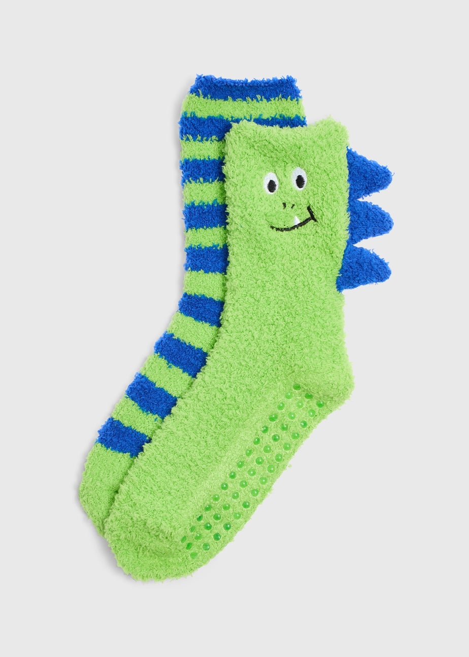 Boys 2 Pack Green Fluffy Socks (Younger 9-Older 6.5)