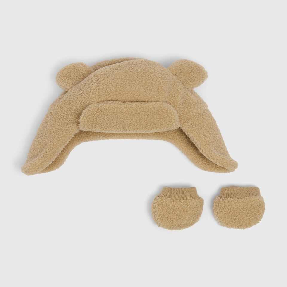 2 Piece Baby Brown Borg Trapper & Mitten Set (Newborn-24mths)