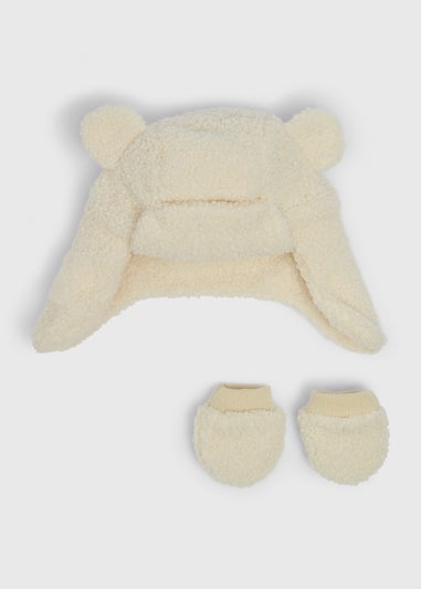 2 Piece Baby Cream Borg Trapper & Mitten Set (Newborn-24mths)