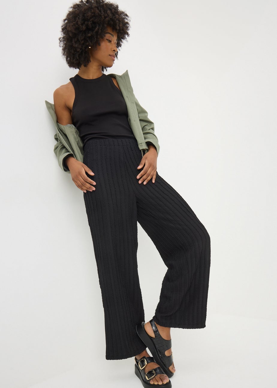 Black Textured Wide Leg Trousers