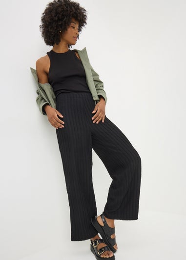 Black Textured Wide Leg Trousers