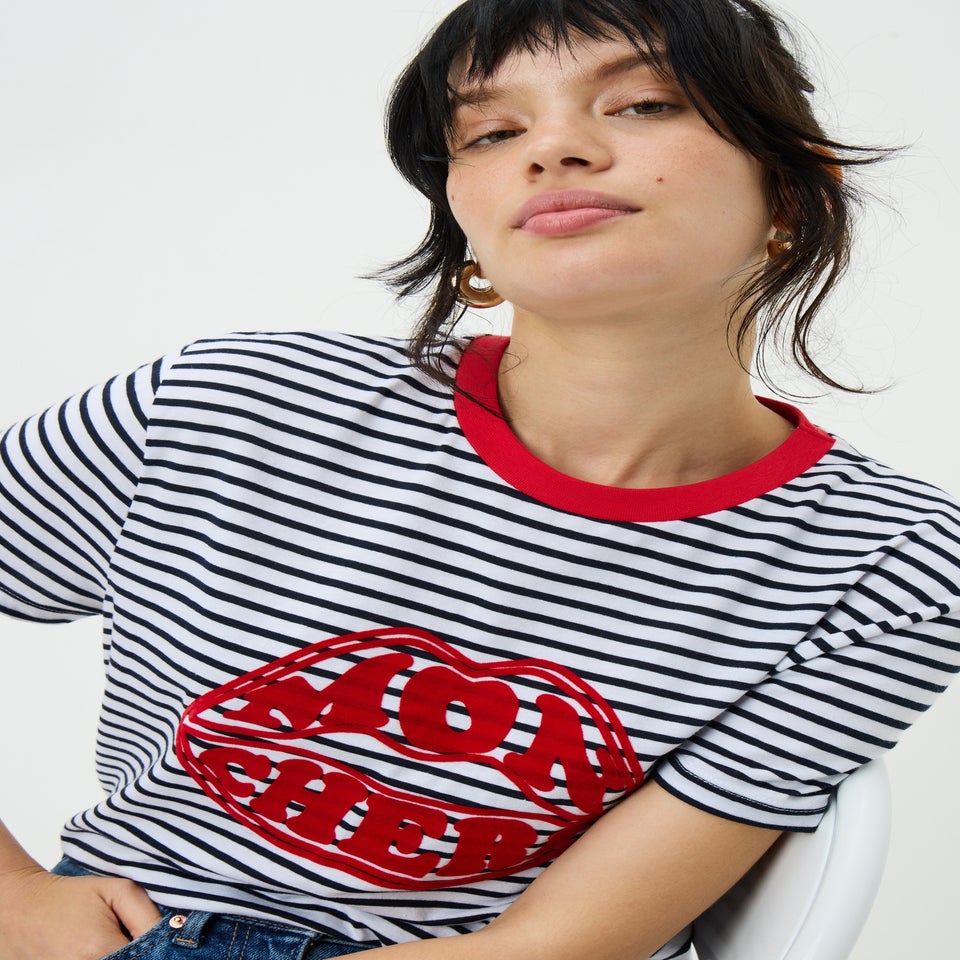 White Striped Red Lips T-Shirt