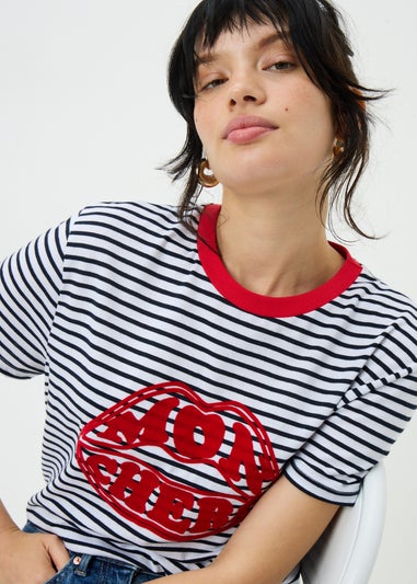White Striped Red Lips T-Shirt
