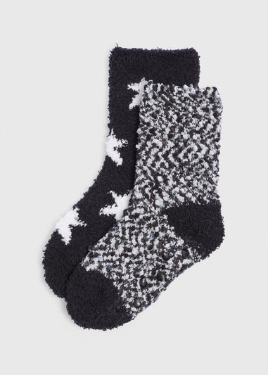 2 Pack Boys Black Star Fluffy Socks (Younger 6-Older 6.5)