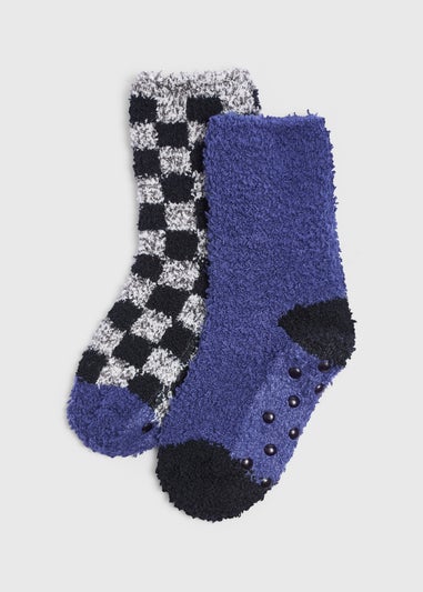 2 Pack Boys Navy Check Fluffy Socks (Younger 6-Older 6.5)