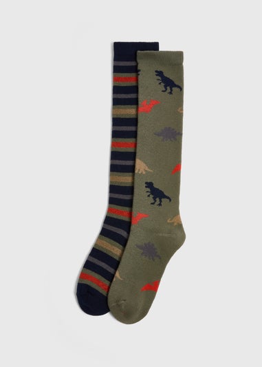 2 Pack Boys Khaki Dino Stripe Welly Socks (Younger 6-Older 6.5)