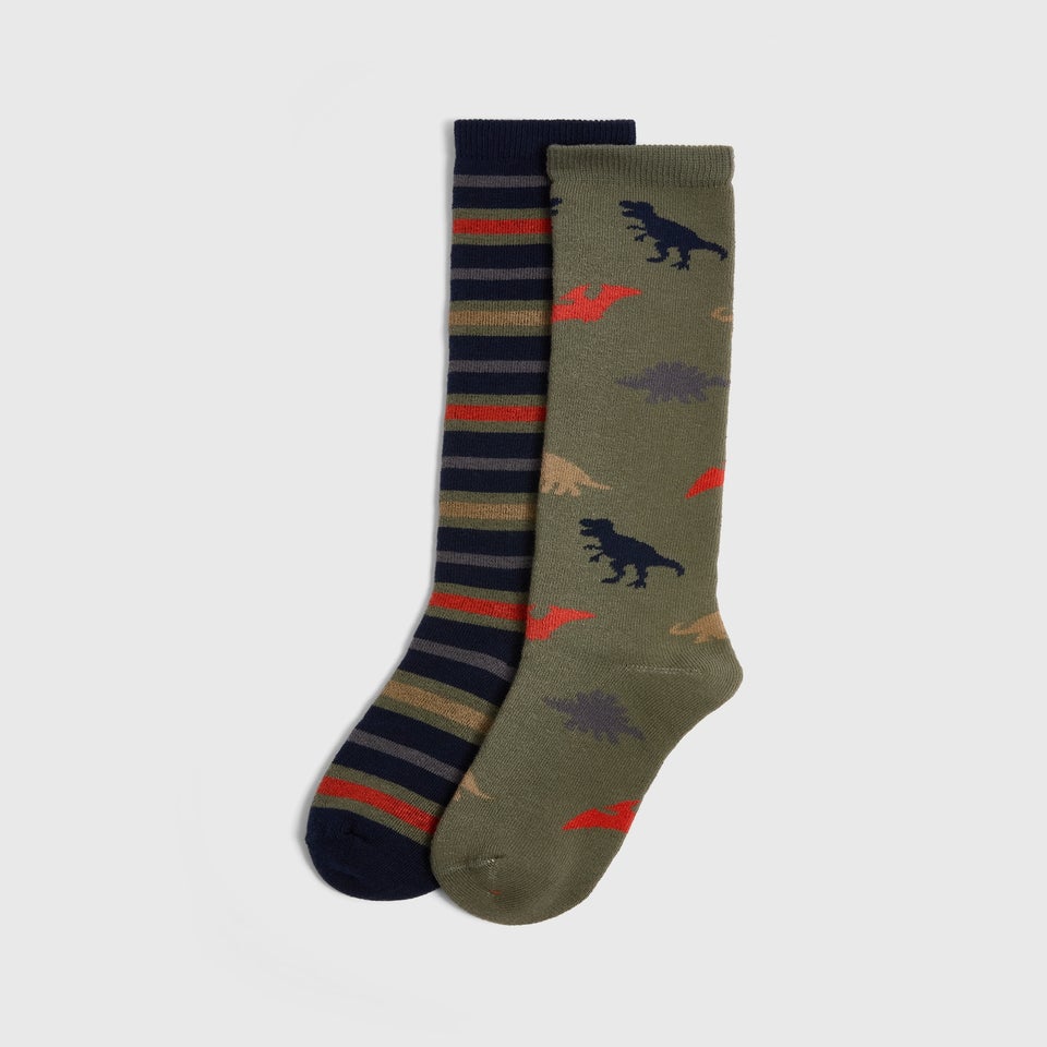 2 Pack Boys Khaki Dino Stripe Welly Socks (Younger 6-Older 6.5)
