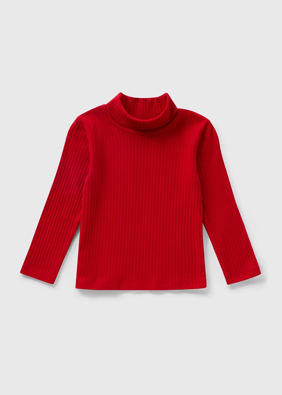 Girls Red Ribbed High Neck Top (1-7yrs)
