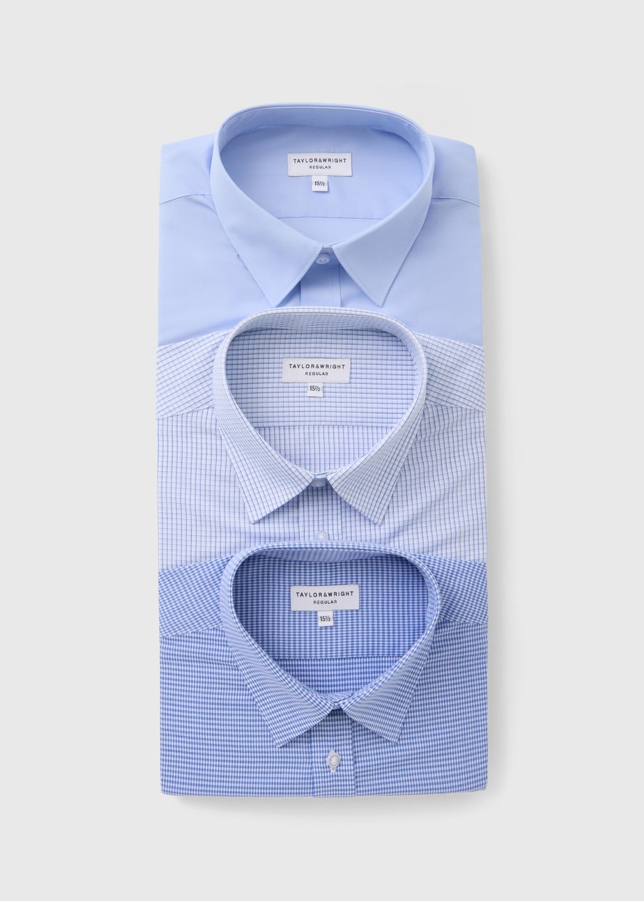 Taylor & Wright 3 Pack Blue Check Easy Care Regular Fit Shirts