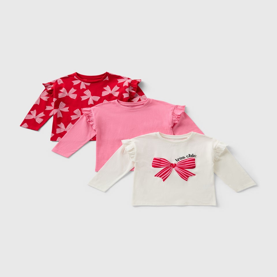 3 Pack Girls Pink Bow Long Sleeve Tops (1-7yrs)