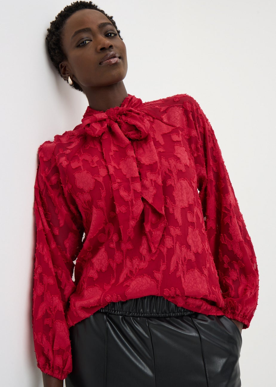Red Jacquard Tie Neck Blouse