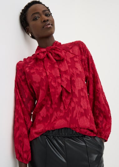 Red Jacquard Tie Neck Blouse