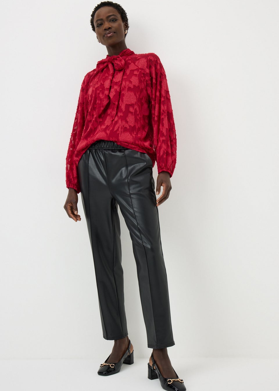 Red Jacquard Tie Neck Blouse