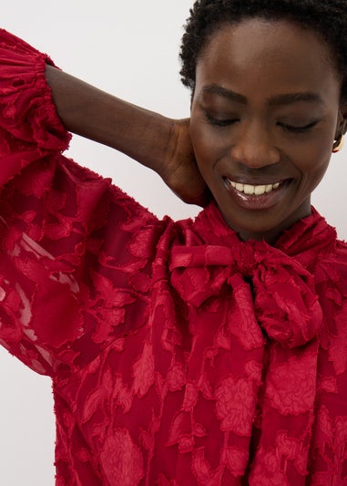 Red Jacquard Tie Neck Blouse