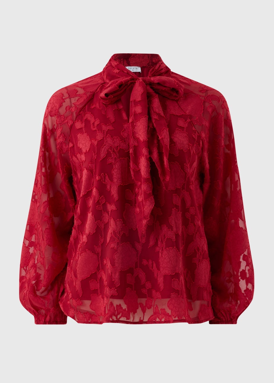 Red Jacquard Tie Neck Blouse